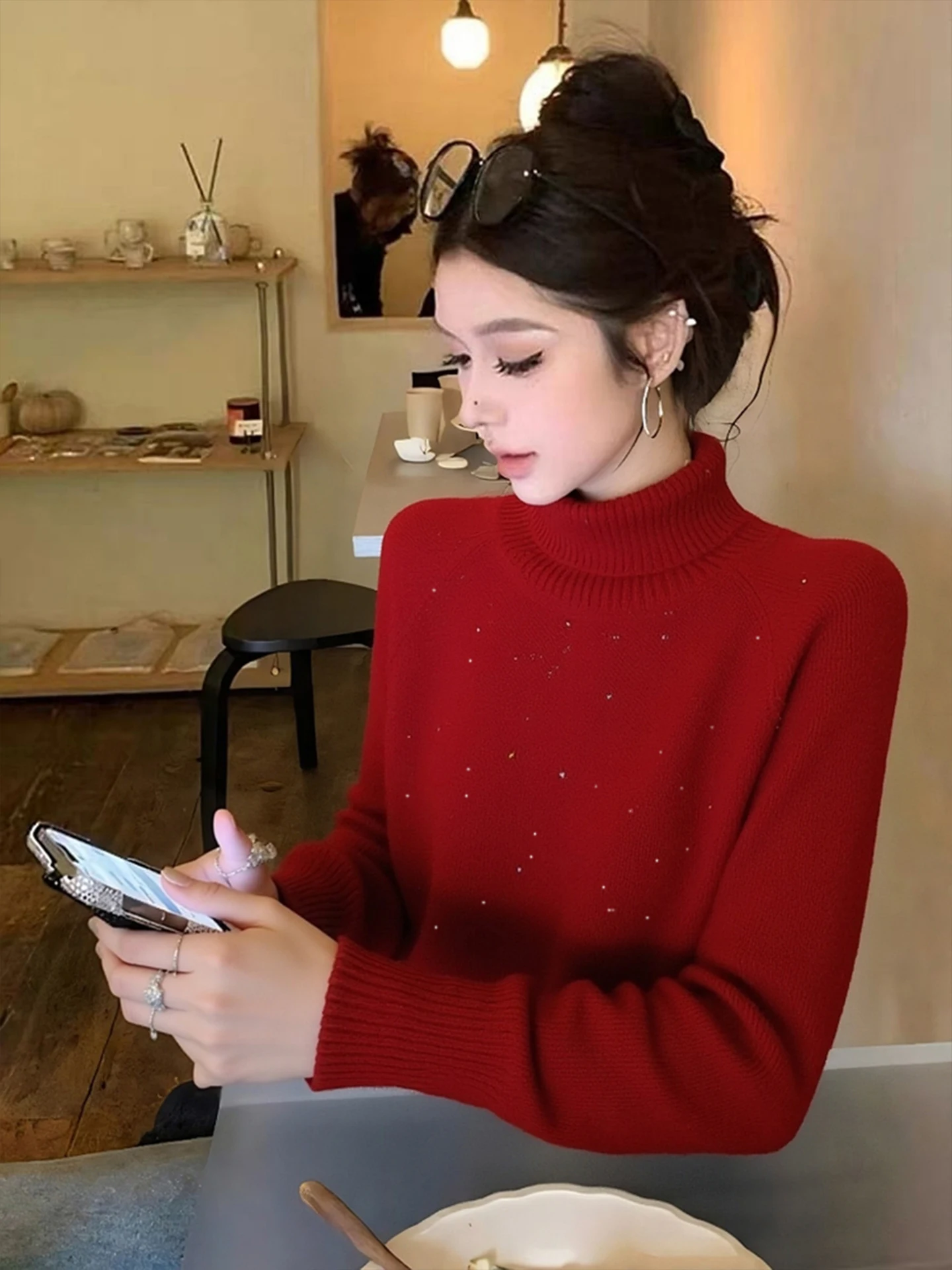 Cherry Red Camere Knitwear High Collar Long Sve Faionable Versatile Winter 2025 Inner Wear Korean Sle Loose Fit