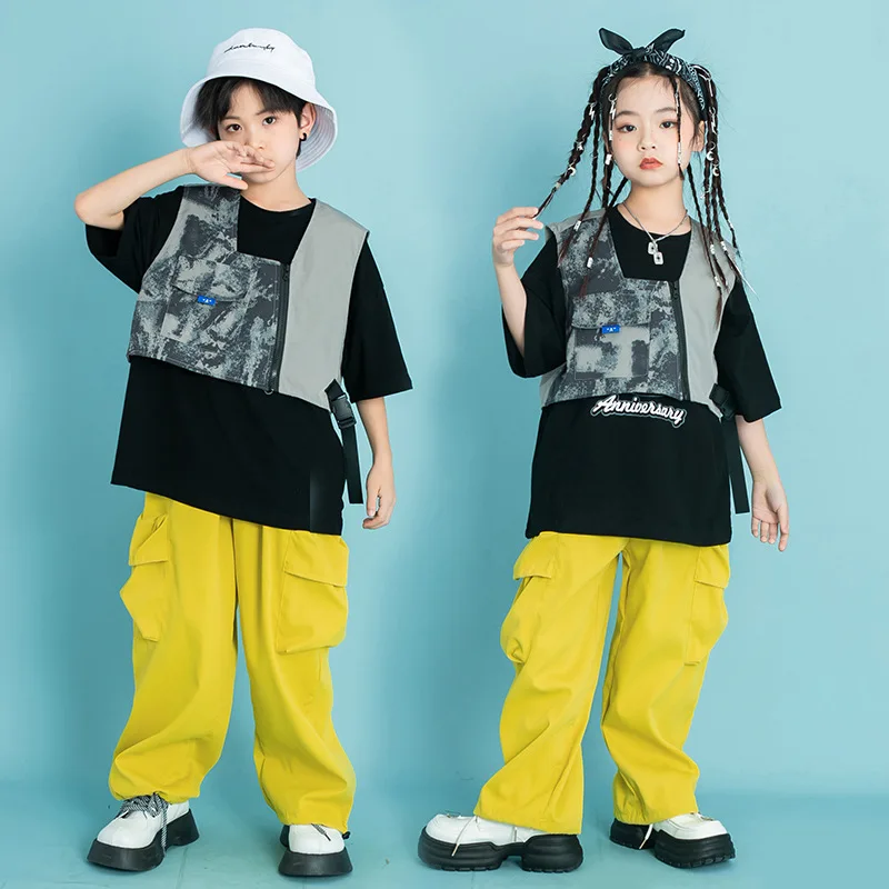 

Kid Cool kpop Hip Hop Clothing Gray Camo Cargo Vest Top Yellow Casual Street Cargo Pants for Girl Boy Jazz Dance Costume Clothes