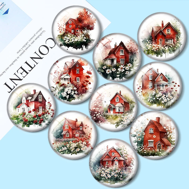 Watercolor cute red house with flowers  10pcs 12mm/18mm/20mm/25mm Round photo glass cabochon demo flat back Making findings