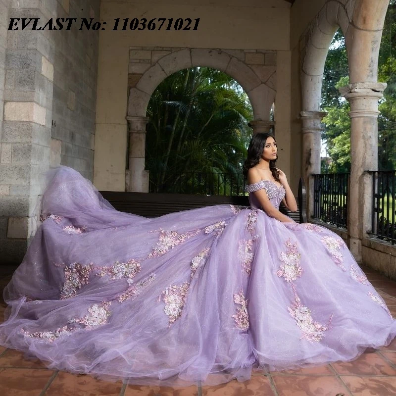 EVLAST Customized Mexican Lavender Quinceanera Dress Ball Gown Lace Applique Beading Sweet 16 Gown Vestidos De XV 15 Anos SQ150