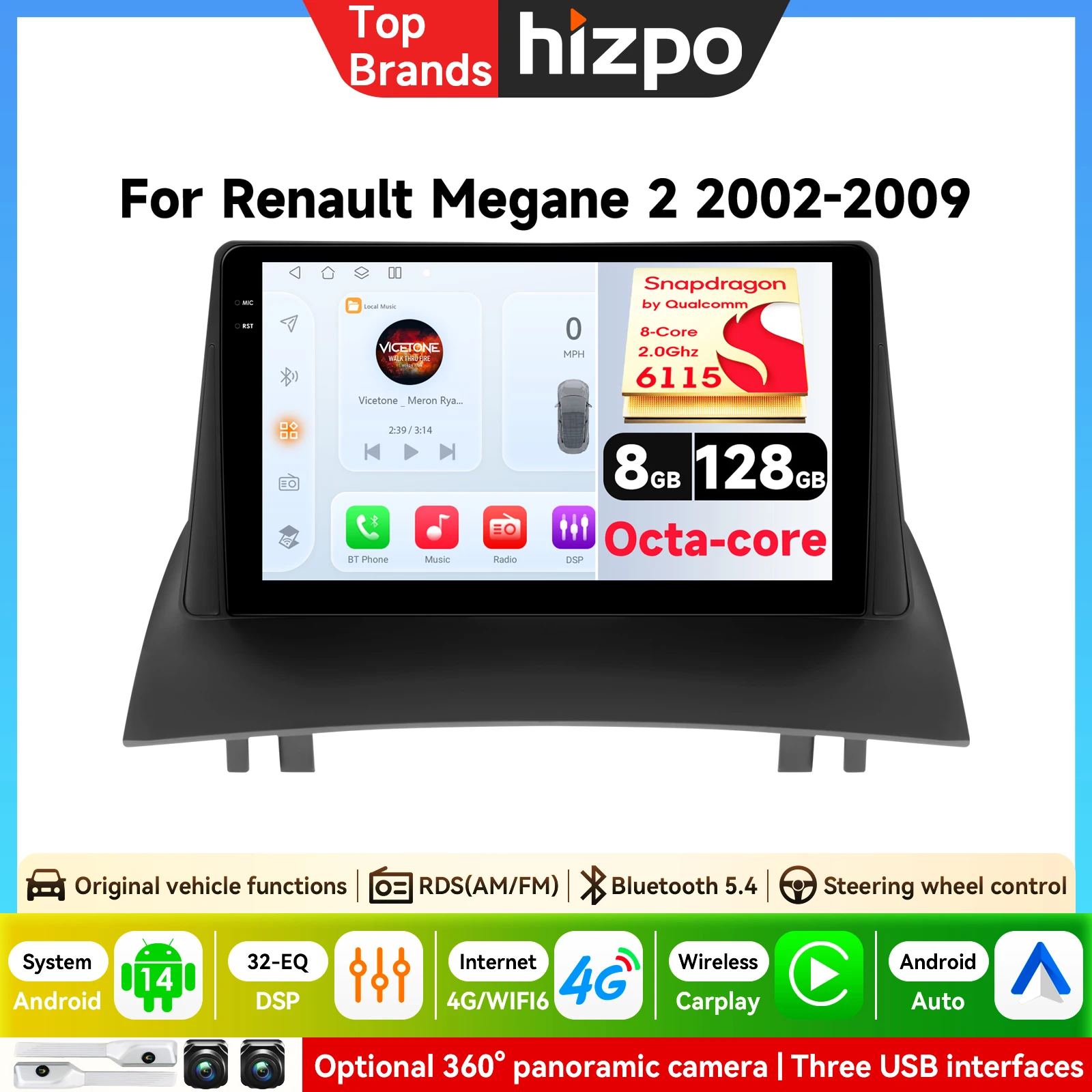 Hizpo Autoradio 9" 2Din con CarPlay Wireless e Android Auto per Megane 2 2002-2009, Sistema Multimediale GPS FM WIFI per Auto