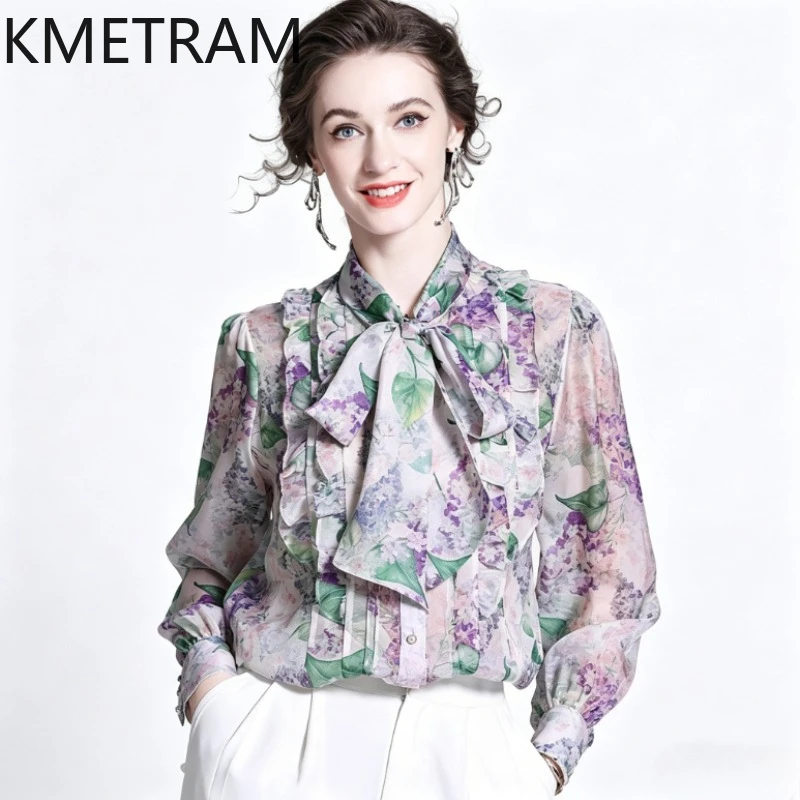 

KMETRAM 100% шелковые рубашки из тутового шелкопряда для женщин, элегантная блузка с принтом, высококачественная летняя блузка с длинным рукавом, женская одежда 2026, топ