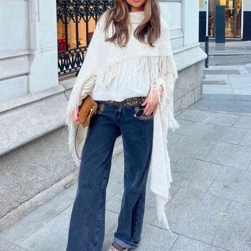 Combhasaki Damesponcho Wollen Sjaal Verpakt Cape Pashmina met Kwastjes Y2k Poncho Trui Gebreid Vest voor Herfst en Winter