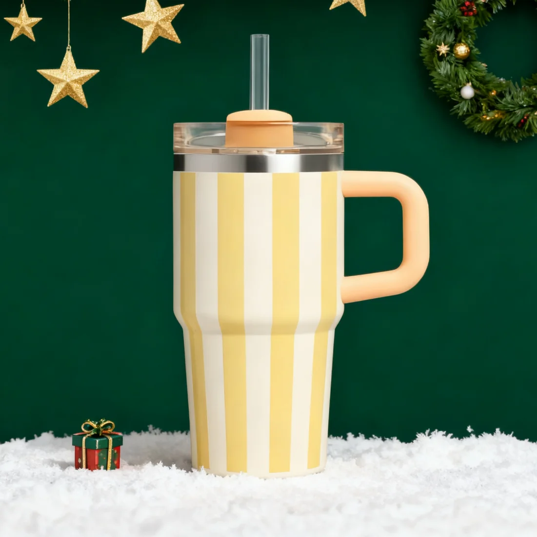 

Christmas Gifts Large Capacity Outdoor Portable Straw Cup, Retro Striped 20oz Handle Car Cup 304 Stainless Steel Insulated Cup