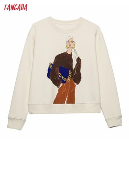Tangada kadınlar moda Charater baskı polar bej tişörtü boy uzun kollu O boyun gevşek kazaklar kadın 6H154 Tops
