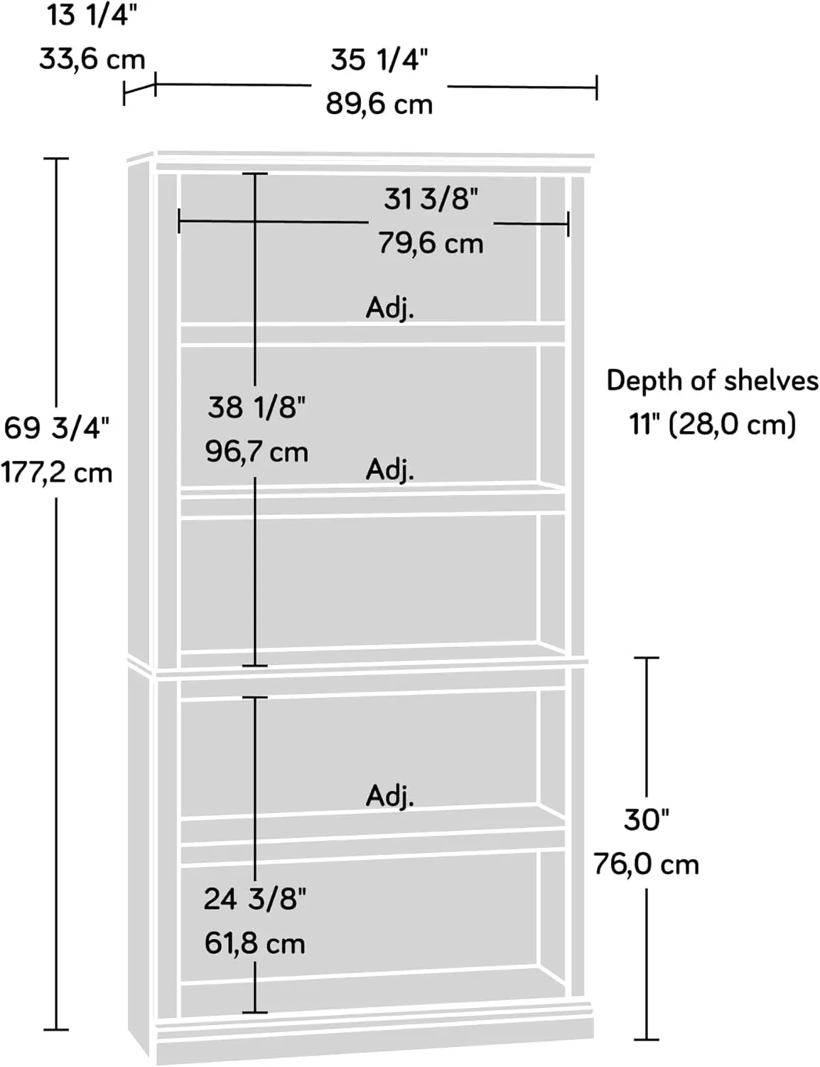 Sauder Miscellaneous Storage 5 Bookcase/book shelf, L: 35.28" x W: 13.23" x H: 69.76", Estate Black