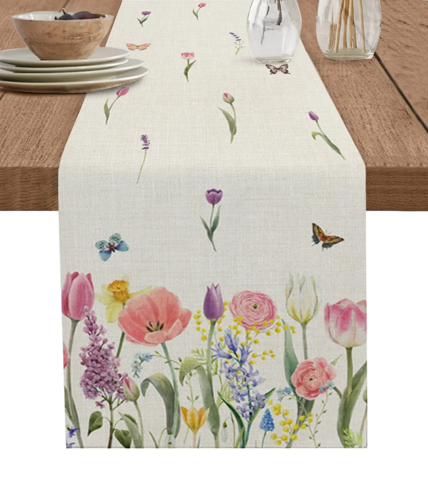 Spring Flower Butterfly Table Runner luxury Kitchen Dinner Table Cover Wedding Party Decor Cotton Linen Tablecloth