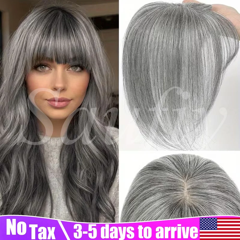 Women Short Gray Human Hair Toppers With Bangs Real Human Hair 5x9cm Seamless Invisible Clip in Human Hair Toppers for Thinning Hair to Add Volume Natural White Gray Straight Hair Topper Human Hairpieces to Add Volume