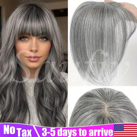 Women Short Gray Human Hair Toppers With Bangs Real Human Hair 5x9cm Seamless Invisible Clip in Human Hair Toppers for Thinning Hair to Add Volume Natural White Gray Straight Hair Topper Human Hairpieces to Add Volume