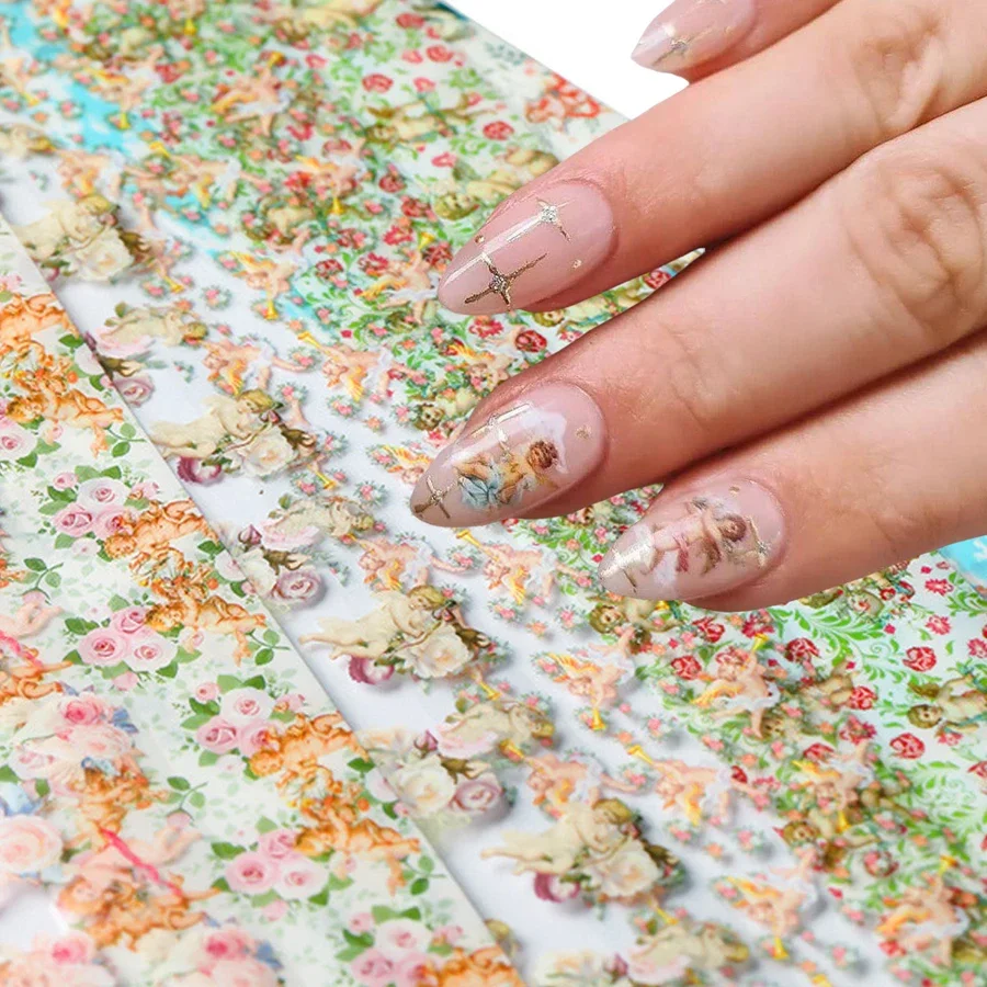 

10Pcs Angel Nail Foil Stickers Starry Sky & Flower Nail Art Decals Sliders Wraps for DIY Nail Decoration