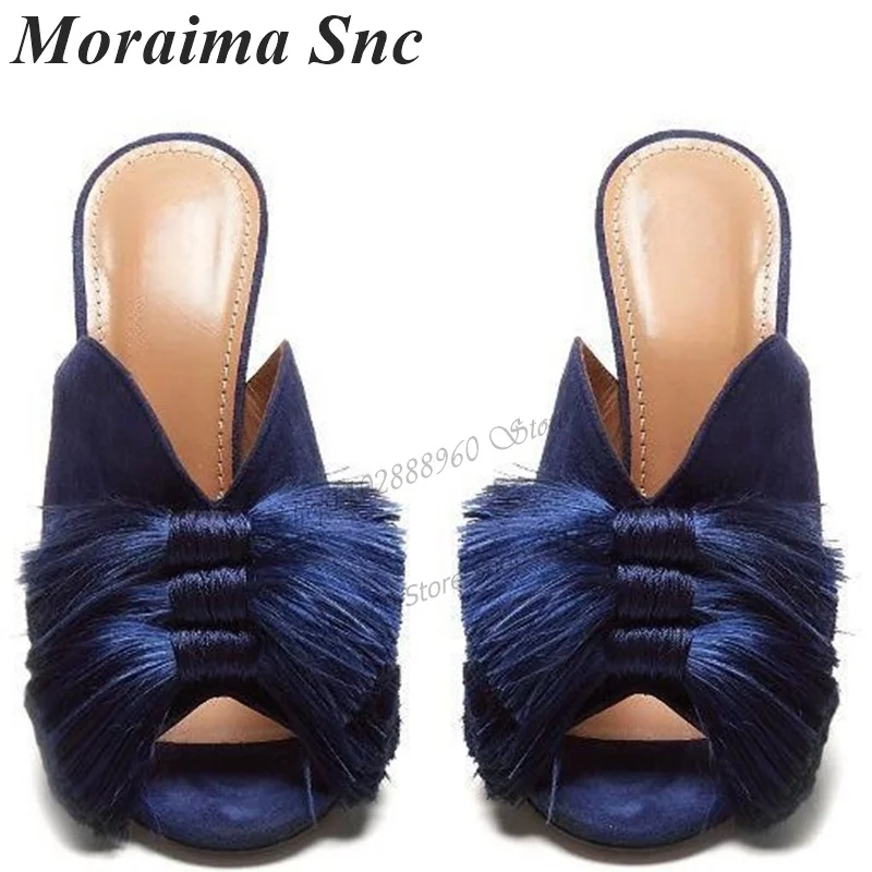 

Blue Flock Short Fringe Decor Slippers Cut Heel Stilettos High Heel Women Shoes Slip-On Peep Toe 2023 Sexy Zapatos Para Mujere