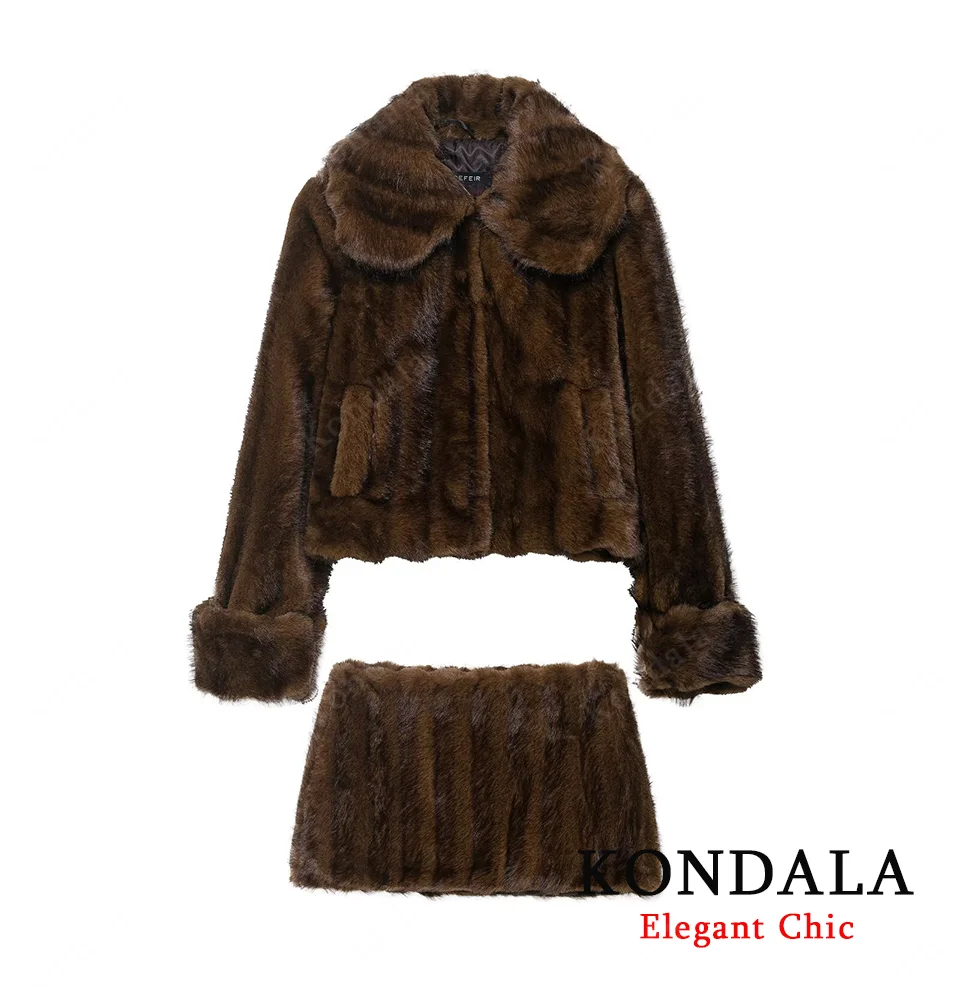 

KONDALA женский винтажный элегантный комплект с юбкой из искусственного меха с лацканами, мини-юбка 2200, осенне-зимний модный теплый тонкий костюм с юбкой для женщин