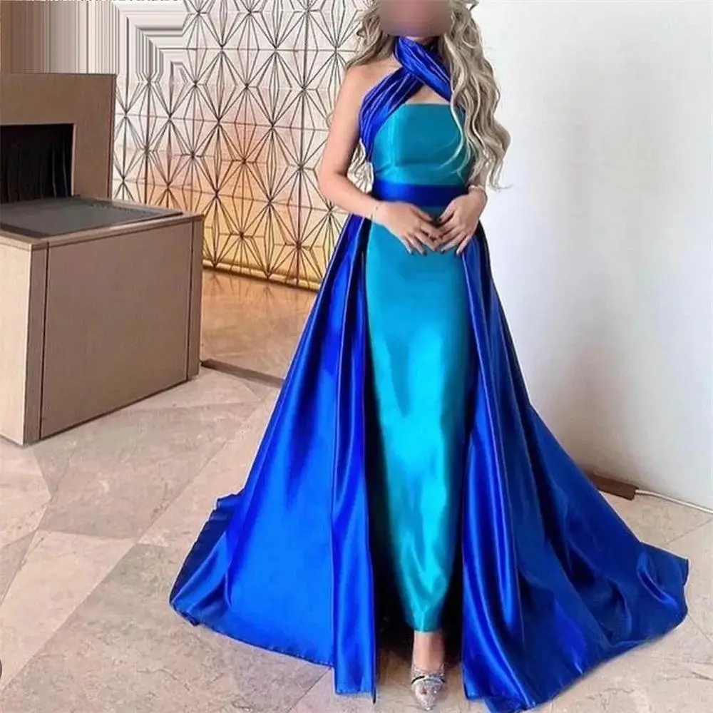 High Neck Sleeveless Elegant Mermaid Long Evening Dress Ankle Length Sweep Train Pleat Ruched Fashion Prom Gown New 2024S-218