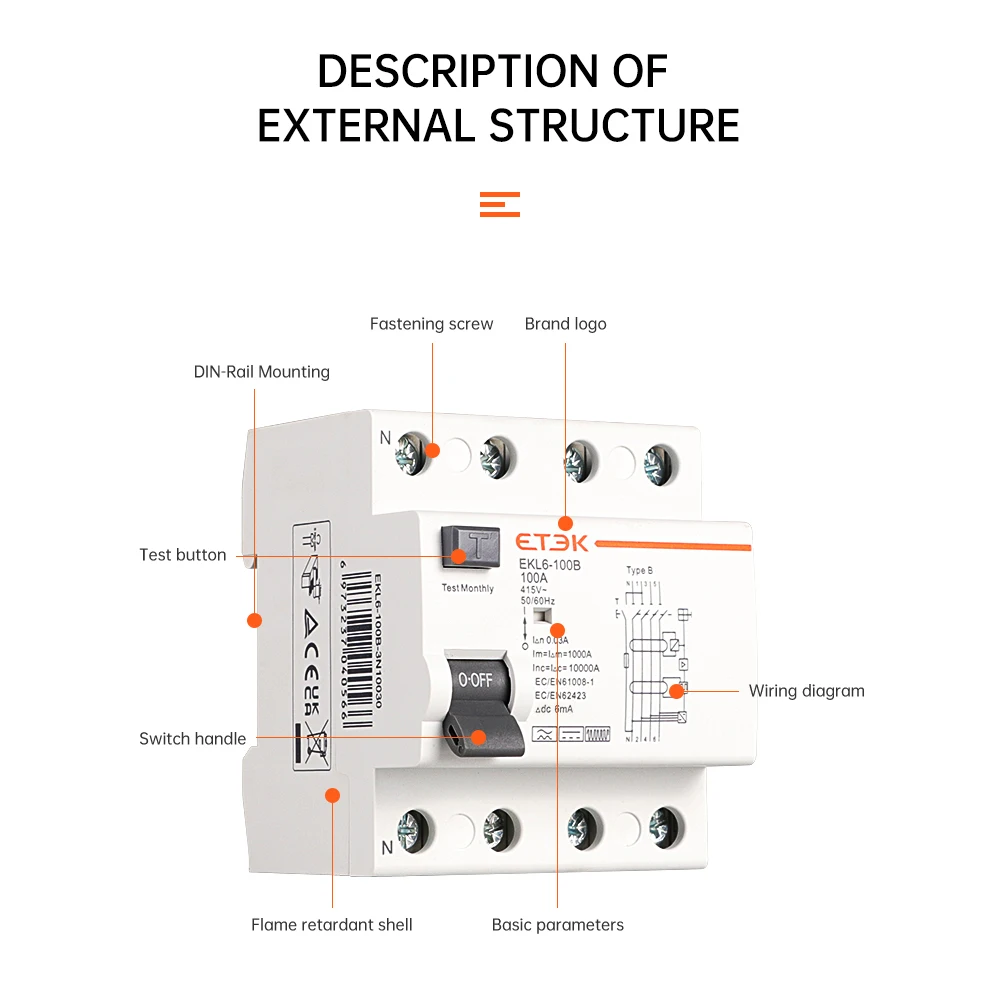 ETEK RCD DC Earth Leakage Circuit Breakers RCCB 10KA 1P+N 2P 4P 2Poles 4Poles  40A 63A 30mA Type B 6mA EV EVSE 220V EKL6-100B