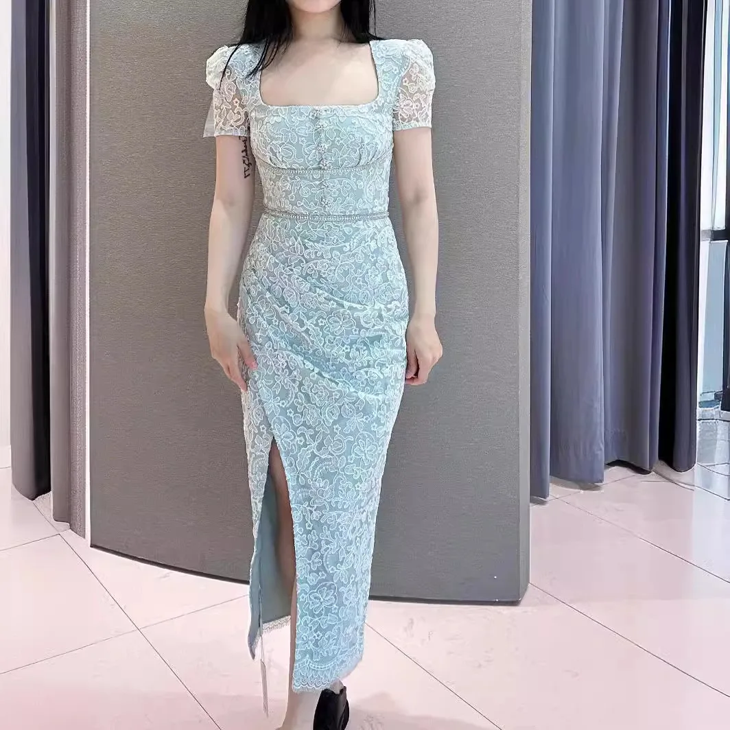 

Women's Long Dresses Square Neck High Waist Slim Diamond Decoration 2024 New Ladies Sexy Lace Slit Robe