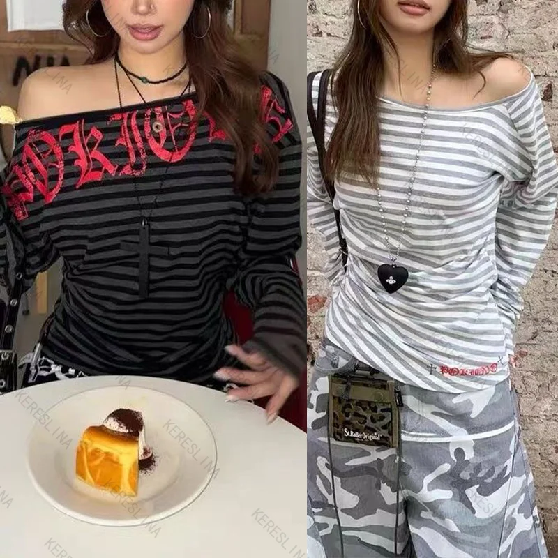 Europa e America harajuku High Street moda alla moda confortevole versatile sexy chic top a maniche lunghe a righe con spalle inclinate