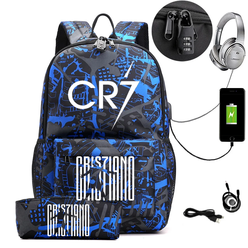 CR7 Mochila Laptop USB para Homens e Mulheres, Mochilas Escolares, Grande Capacidade, Impermeável, Carga USB Externa, Adolescentes Mochilas, 2PCs