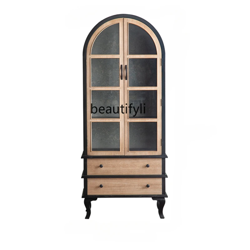 

French Retro Solid Wood Distressed Glass Display B & B Entrance Cabinet Arch Wall Storage Bookcase