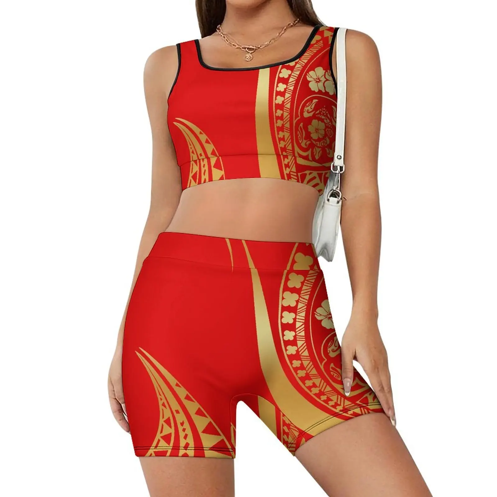 Polynesian Printed Women'S Yoga Wear Set Slimming Yoga Wear Yoga Vest And Shorts Set Customizable Patterns