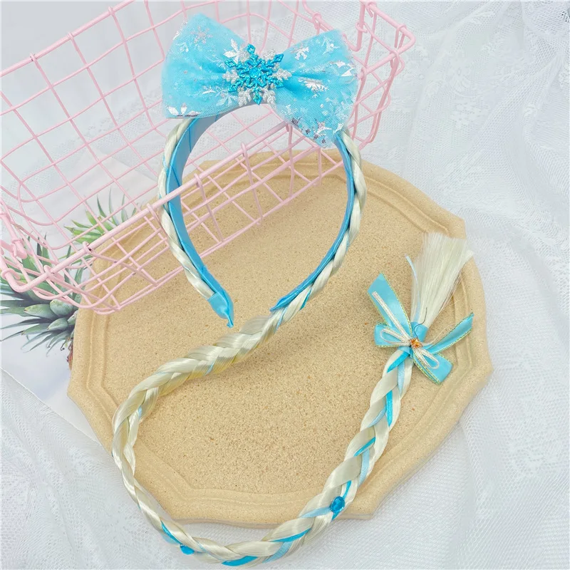 

Детское платье принцессы, аксессуары для волос для Авроры, Эльзы, коса, парик для девочек, розовый, синий, снежинка, бант, плетение, повязка на голову, головной убор