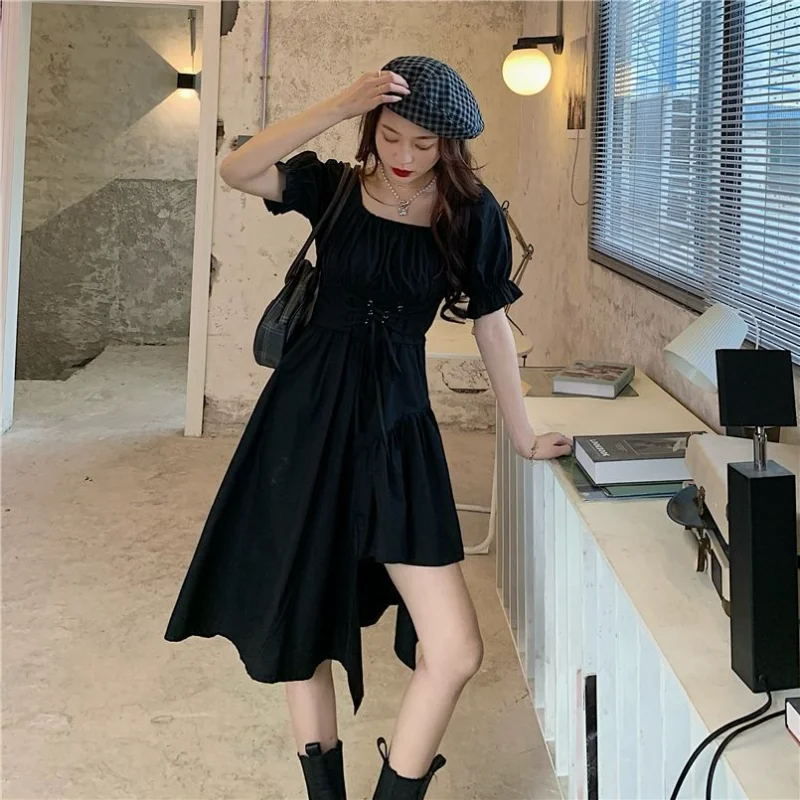 Puff Sleeve Dress Women Tunic Party Vestidos Solid Y2k Lace-up Irregular Sweet Style Ins Trendy Korean Schoolgirl Summer Lovely