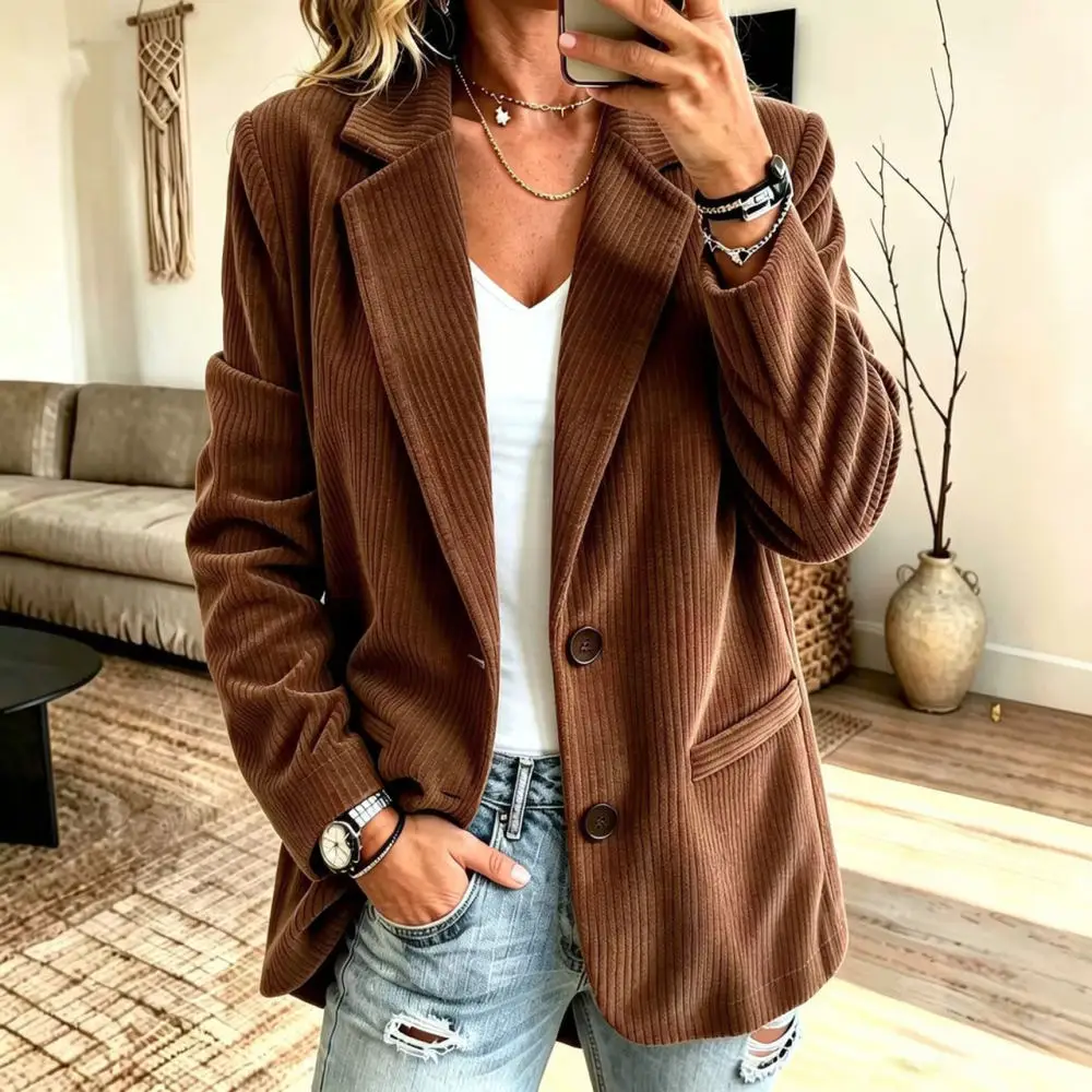 Womens Corduroy Jacket Fall Winter Casual Turn Down Collar Long Sleeve Elegant Button Front Outerwear Classic Style