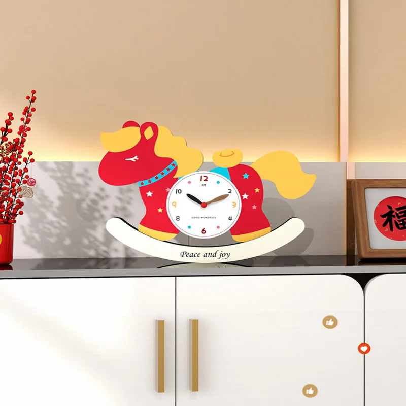 Rich Lucky Reducing Stress Lovely Rocking Horse Table Clock Personalize Decor Office Living Room Children Room Silent Desk Clock