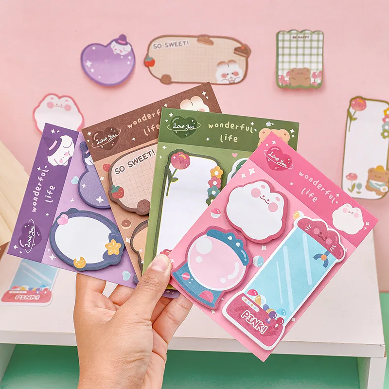 Kawaii Cartoon Strawberry Rabbit Bear Sticky Notes Memo Pad Cute Message N Times Sticky Office Stationery Supply Journal Planner