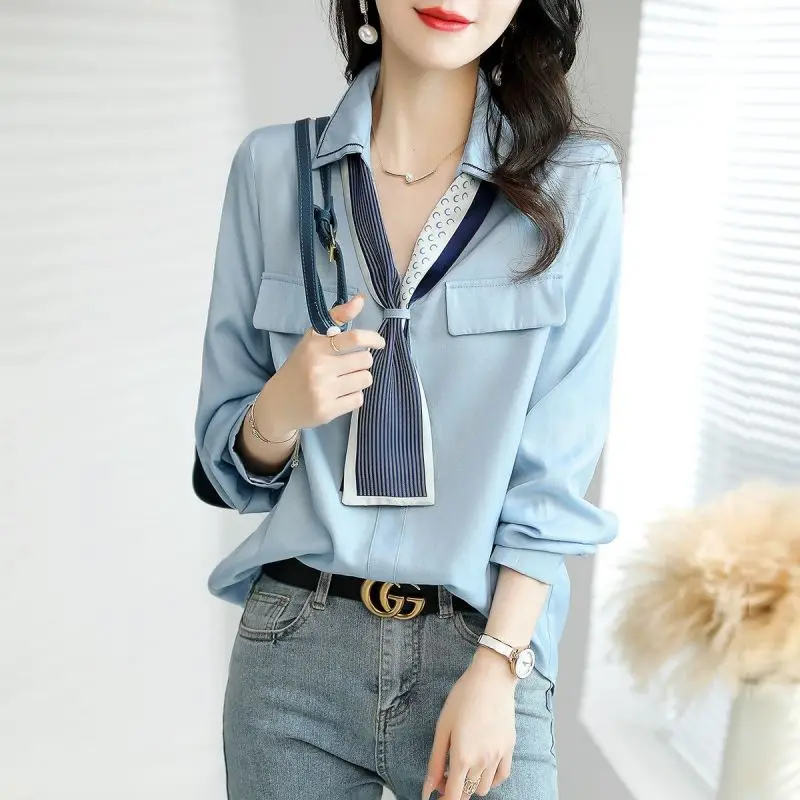 Elegant V-Neck Button Spliced All-match Lace Up Blouse Women\'s Clothing 2023 Spring New Casual Pullovers Loose Office Lady Shirt