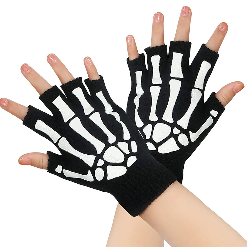 Mode Halloween Stijl Handschoenen Lichtgevende Horror Skull Skelet Halve Handschoenen Nieuwigheid Unisex Wanten Winter Warmer Handschoenen