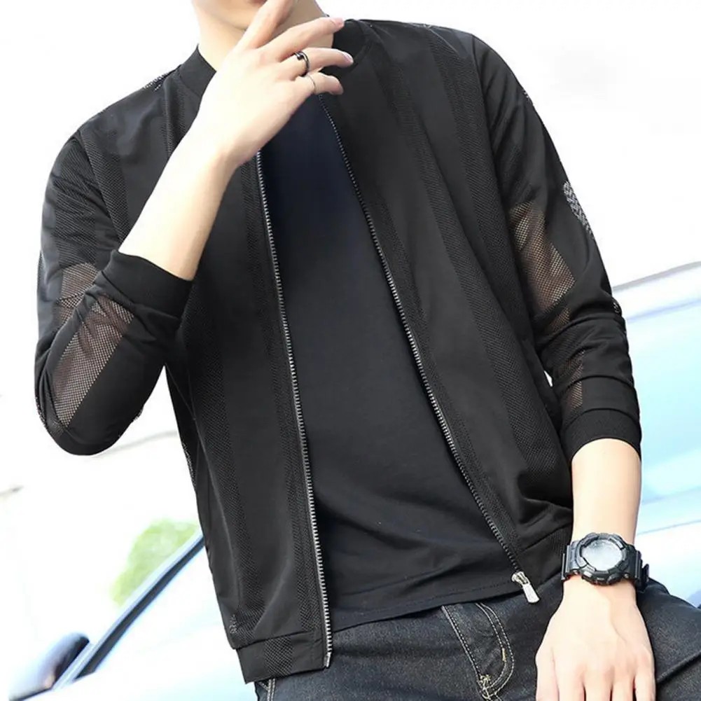 

Men Summer Coat Sun Protection Zipper Hollow Out Breathable Anti-UV Long Sleeves Elastic Cuff Summer Clothes