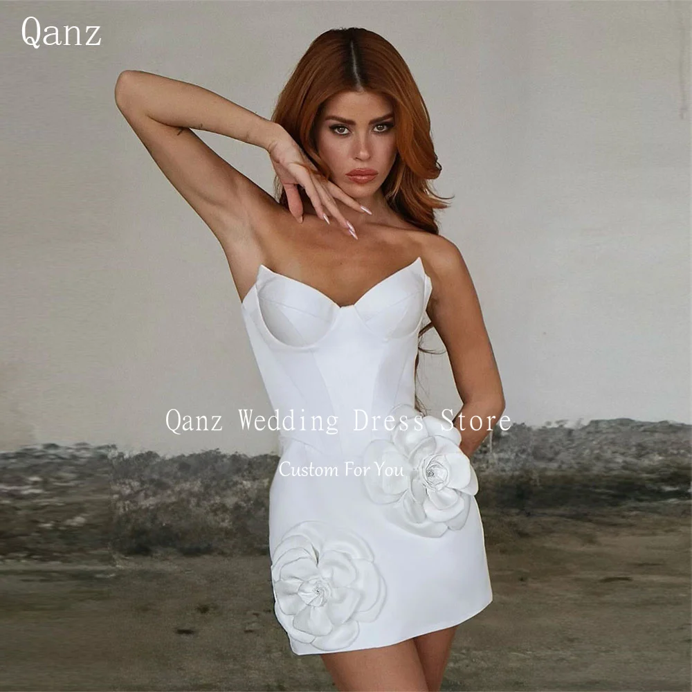 

Qanz Short Wedding Party Dresses Satin Sweetheart Lace Up Back Handmade Flowers Vestido De Novia Boda Bridal Gowns Customized