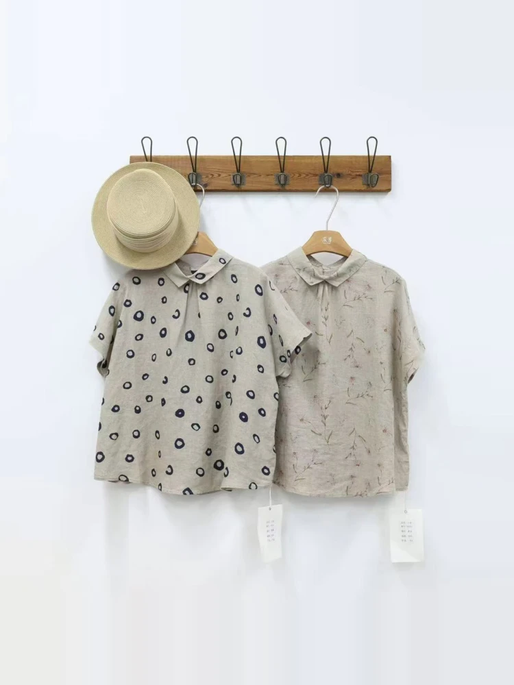 

Summer Original Artistic Loose Fit Women's irt Retro Linen Material Turn-down Collar Printed Ba Button up Slimming Top