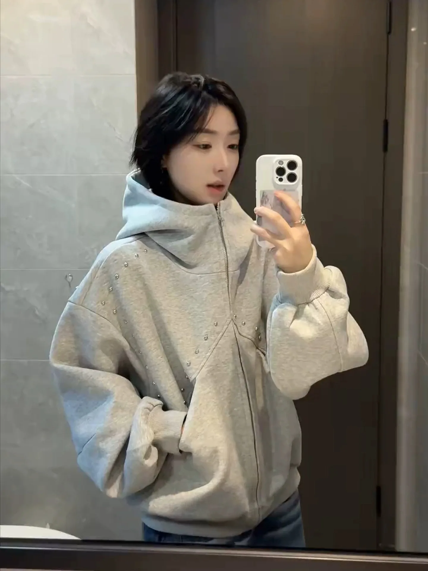 

Мужская американская толстовка-худи оверсайз из плотной ткани, свободного кроя, осенняя, повседневная, дышащая, с длинными рукавами, на молнии, белая