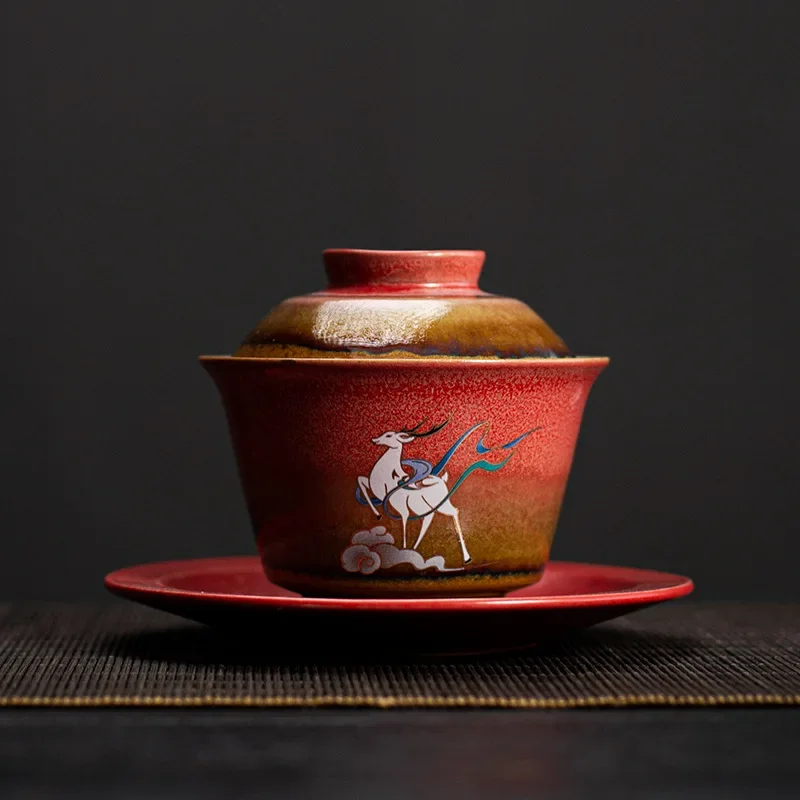 

Deer Gaiwan For Tea Ceramic Tureen With Lid Teaware Chinese Red Tea Bowl Chawan Lily Deng's store