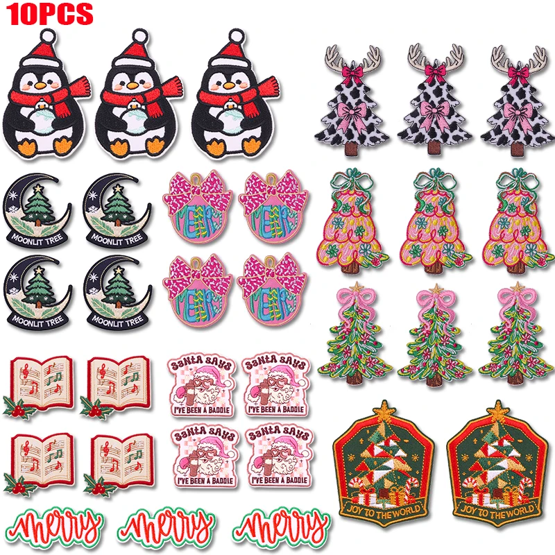 10PCS Cartoon Christmas Series Embroidered Patches Santa Claus,Christmas Tree,Penguin Patch Iron On Patches For Clothing DIY
