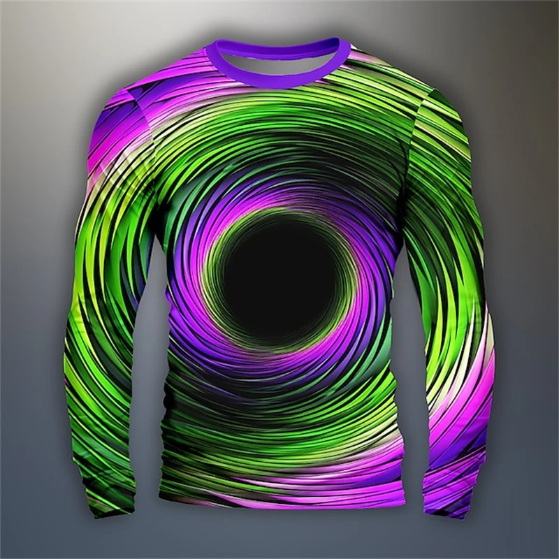 Spring Autumn Men's 3D Digital Optical Illusion Printed Pattern Long Sleeve O Neck Casual Men's T-shirt Tops Washed Graphic Tees