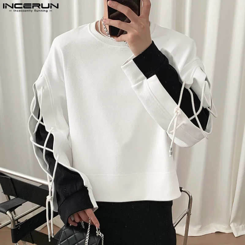 Men T Shirt Patchwork Lace Up O-neck Streetwear Long Sleeve Casual Tee Tops Men Korean 2023 Loose Stylish Men Clothing INCERUN