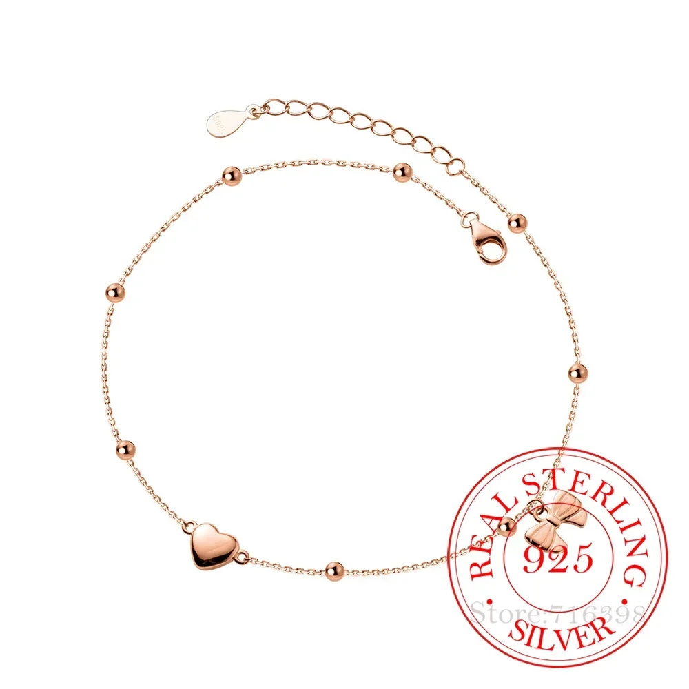 s925-スターリングシルバーシンプルな女性のアンクレットブレスレットハートちょう結び脚ブレスレット女性ガールズファインジュエリーウェディングパーティーギフト