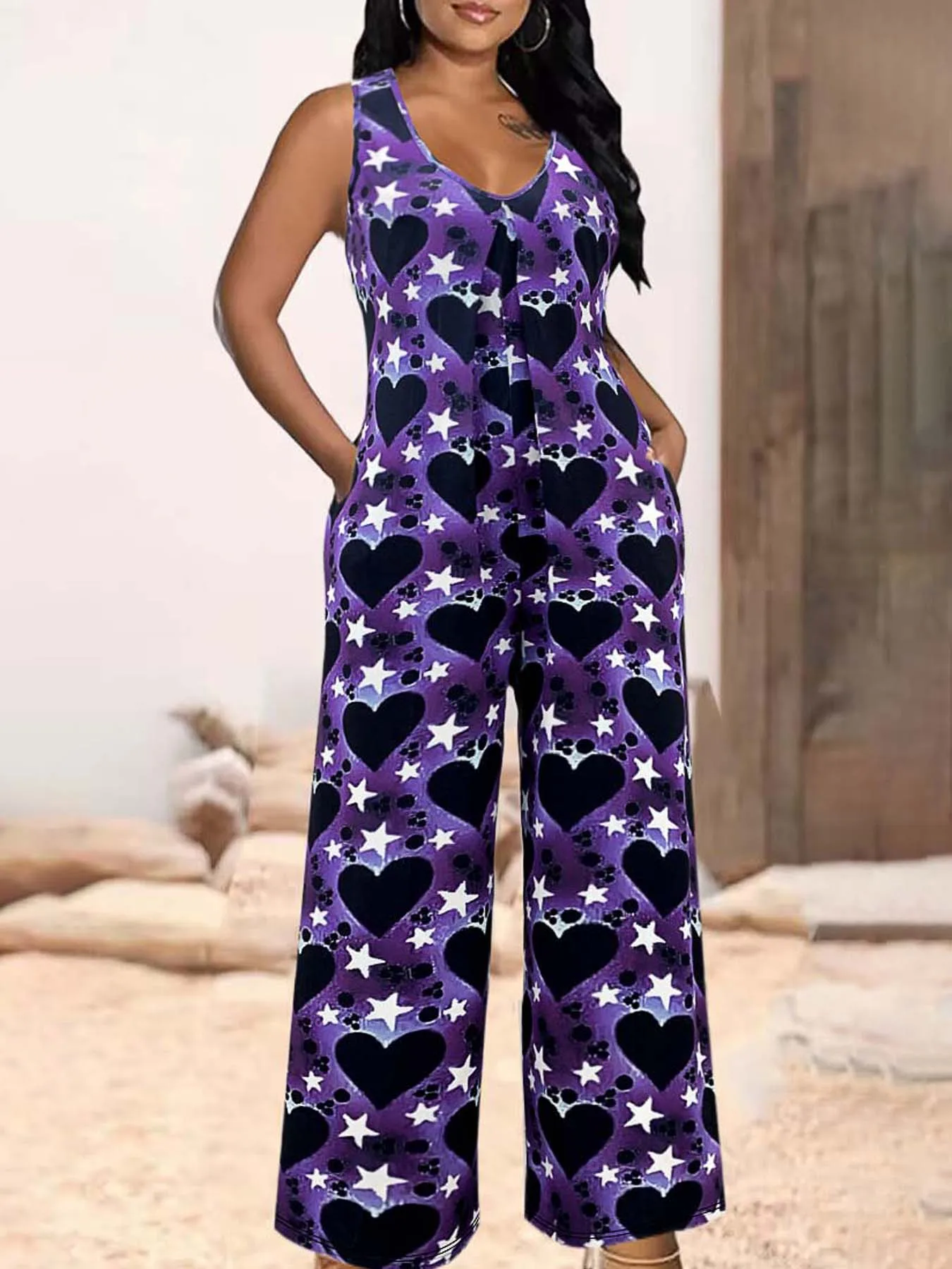 

Plus Size Heart Print Pocket Tank Jumpsuit, Vacation Style Sleeveless Jumpsuit, Women's Plus Size Clothing
