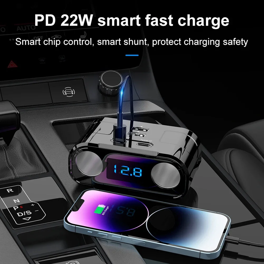 QC3.0 USB Car Charger 2 Type-C+2 USB Blue LED Digital Display 22W DC 12V-24V Dual USB Power Adapter Car Cigar Lighter Socket