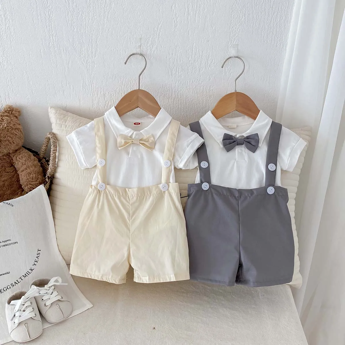 Summer Short-sleeves Baby Boys Gentleman Suit + Bow Tie 0-2 Years Old Newborn Cotton Four Colors Sets