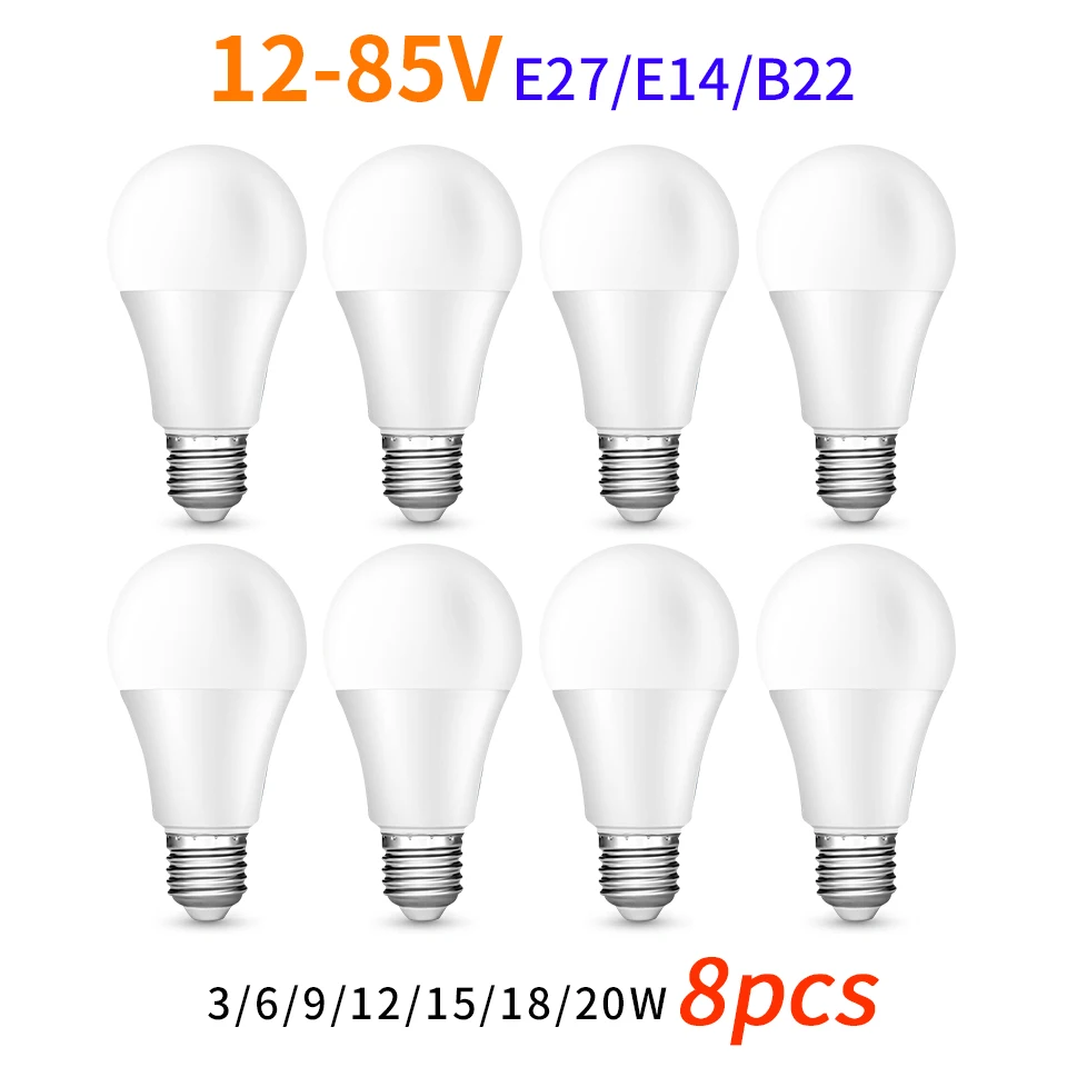 8 Pçs/lote Lâmpada LED 12-85V Alta Potência 3W 6W 9W 12W 15W 18W 20W E27 E14 B22 Alto Lúmen Adequado Para Estudo Cozinha Sala de estar