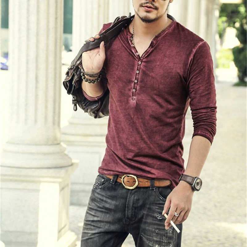 Slim Fit Henley Shirt Tops for Men V Neck Long Sleeve Comfortable and Stylish in Wine Red/Green/Blue/Dark Gray