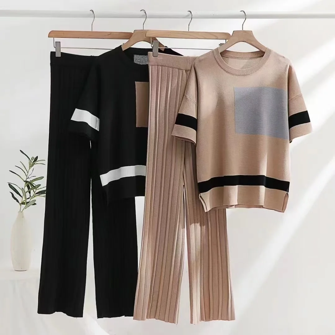 

Spring Summer Knitted Trousers Suits Casual Women Hit Color Striped Short Sleeve Loose Tops + Wide Leg Pants Sets Two Piece Set