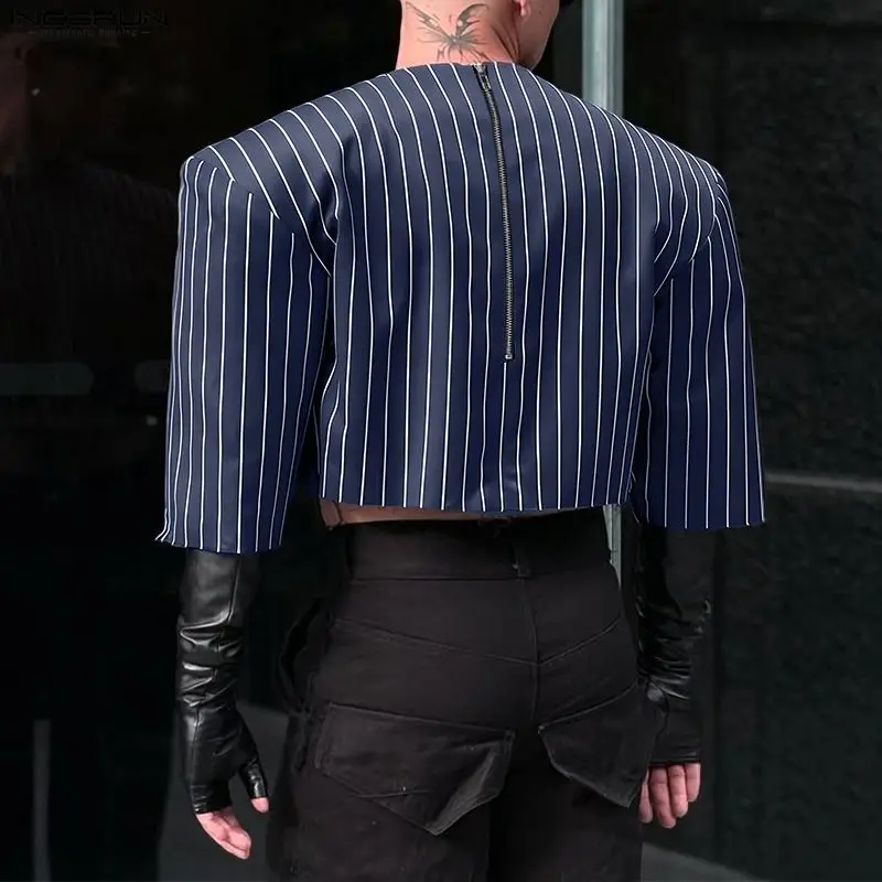 INCERUN قميص مخطط للرجال برقبة دائرية 3/4 كم وسحاب قطع علوية قصيرة غير رسمية ملابس خروج فضفاضة موضة 2026 ملابس رجالية ترفيهية قمصان