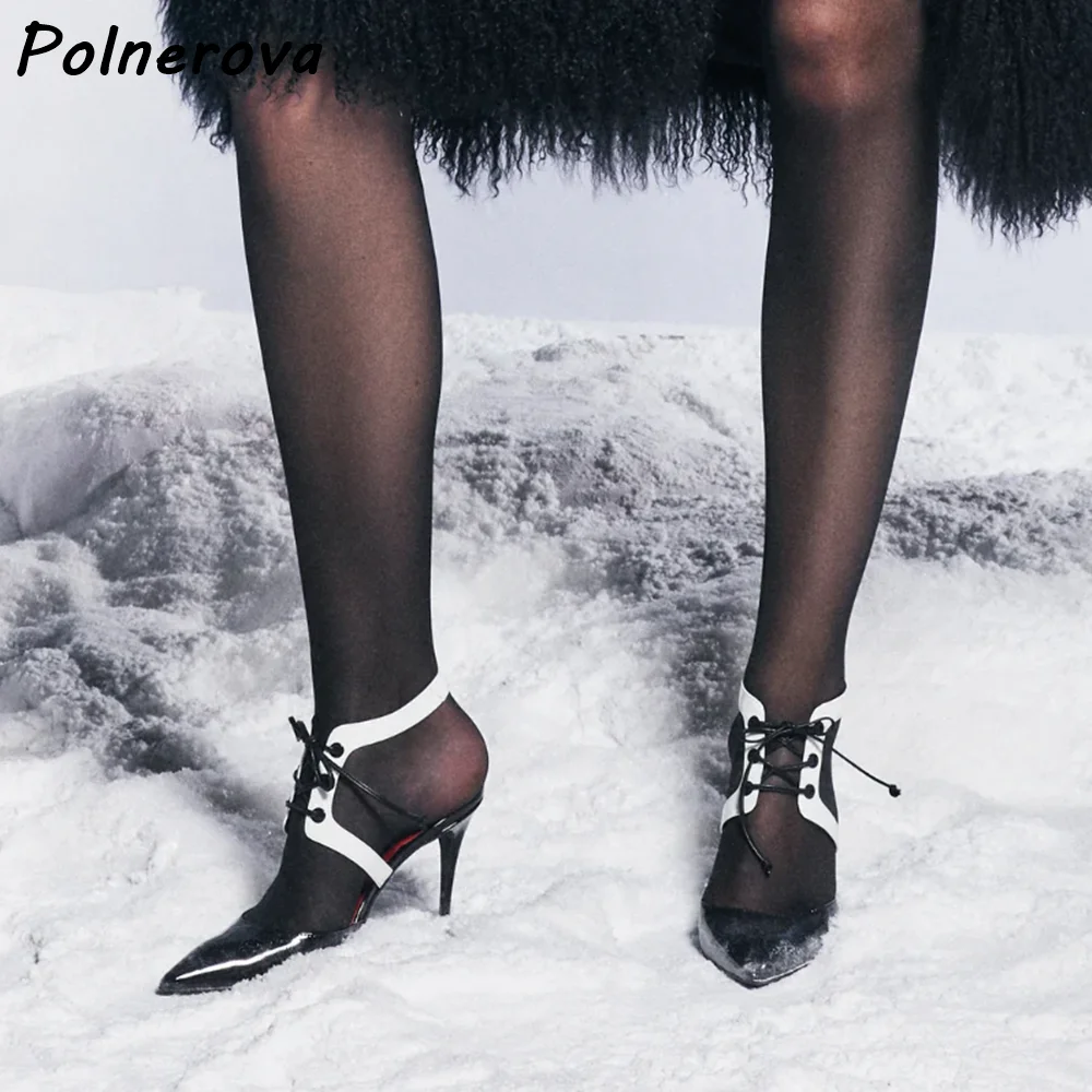 

Lace Up Slingback Heels Pumps Black White Women Two Tone Patent Leather Pointed Toe Stiletto Shoes Summer Sexy Party Dress Shoes