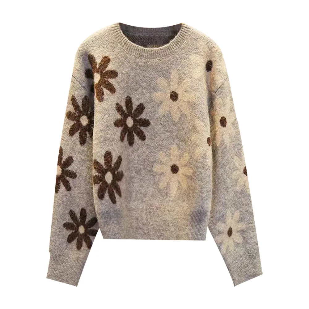 เสื้อไหมพรมถักทรงกลมนุ่มสบาย  แฟชั่นฤดูใบไม้ร่วงฤดูหนาว  ลายดอกเดซี่สไตล์เรโทร  เสื้อไหมพรมผสมขนสัตว์สำหรับผู้หญิง