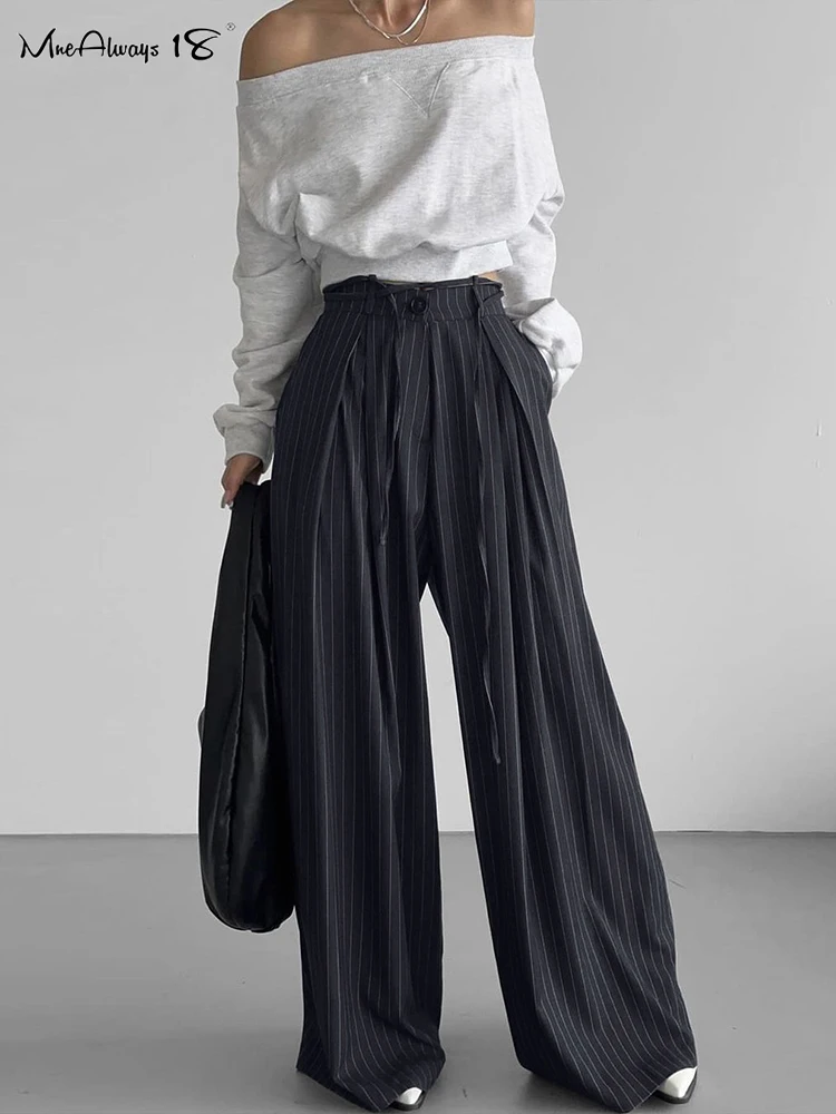 女性用プリーツストライプパンツ,レースアップオフィスパンツ,地面までの長さ,ワイドレッグ,ロングカジュアルパンツ,Mnealways18-High,春,2022