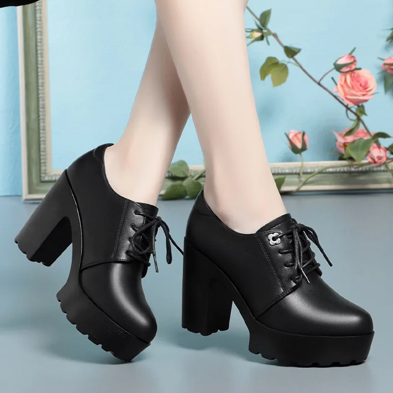 British Style Soft Leather Chunky Platform Shoes 2024 Spring Block High Heels Shoes Women Oxfords For Office Model 9.5 cm